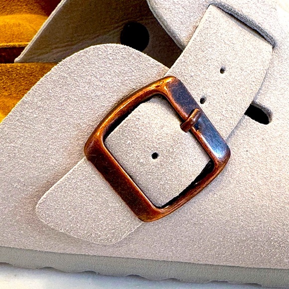 Slip-On Clog Mules in Light Gray with Copper Buckle - Picture 3 of 8